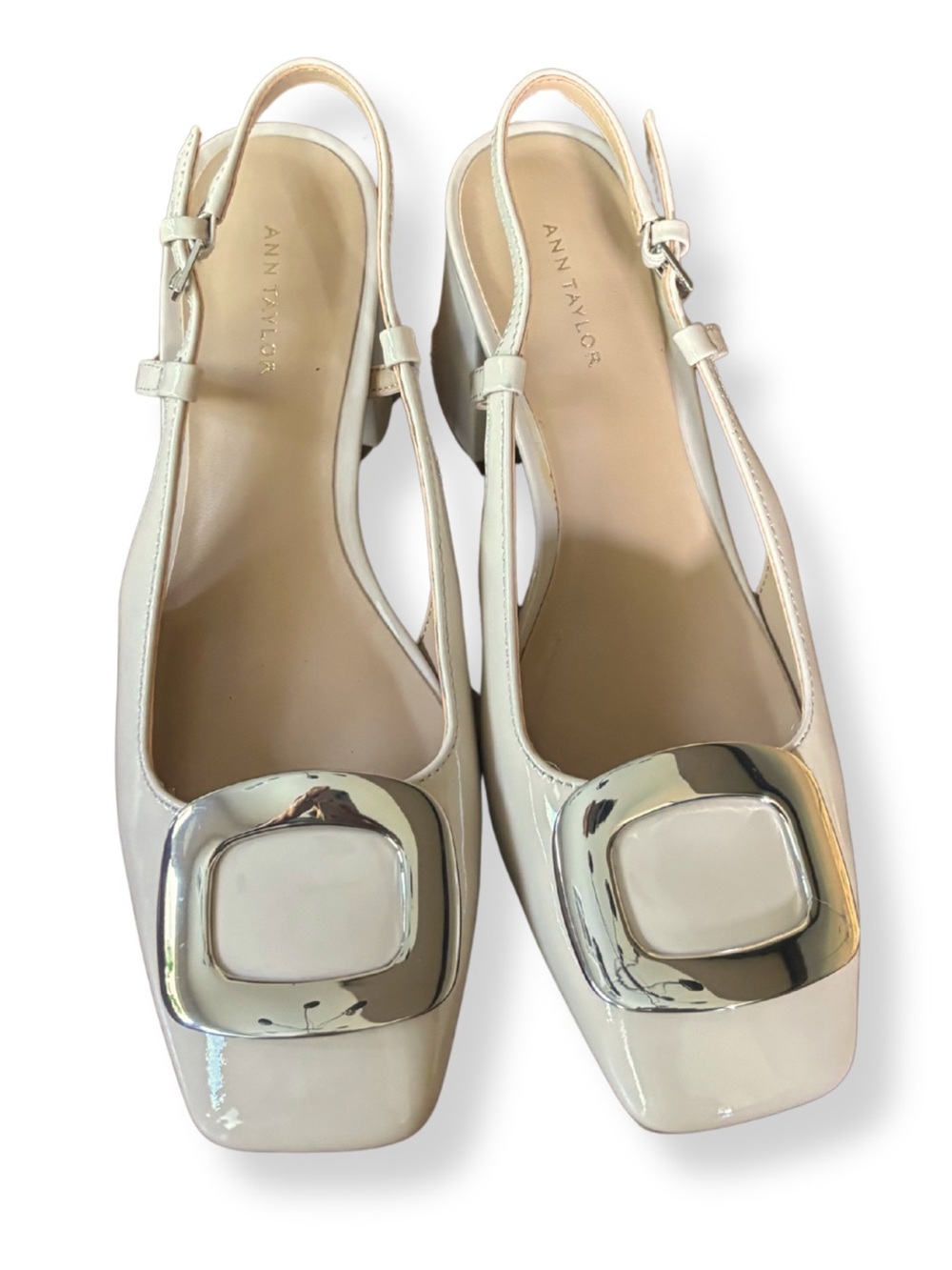Ann Taylor Slingback Block Heel Pumps Cream Patent Leather Buckle 5.5M